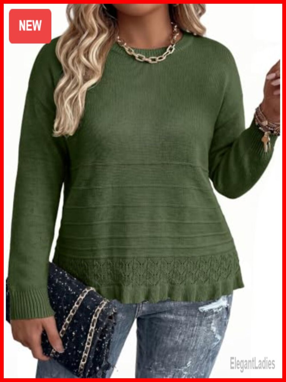 Plus Size Crew Neck Pullover Sweater Long Sleeve Ruffle Hem Knit Top